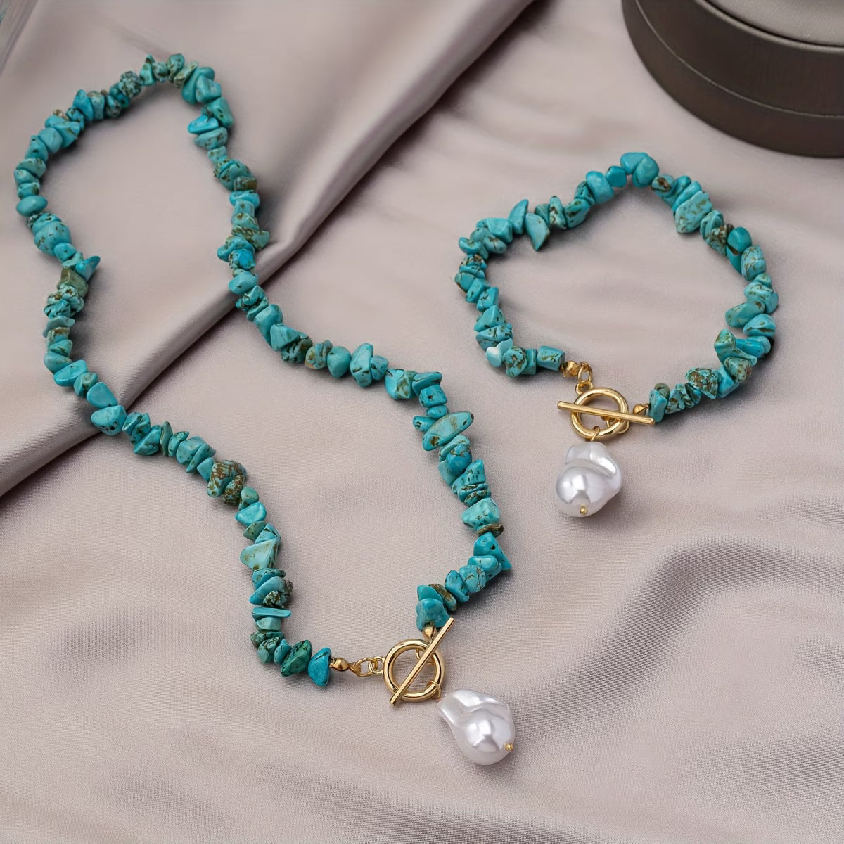Turquoise & Pearl Necklace Bracelet Set
