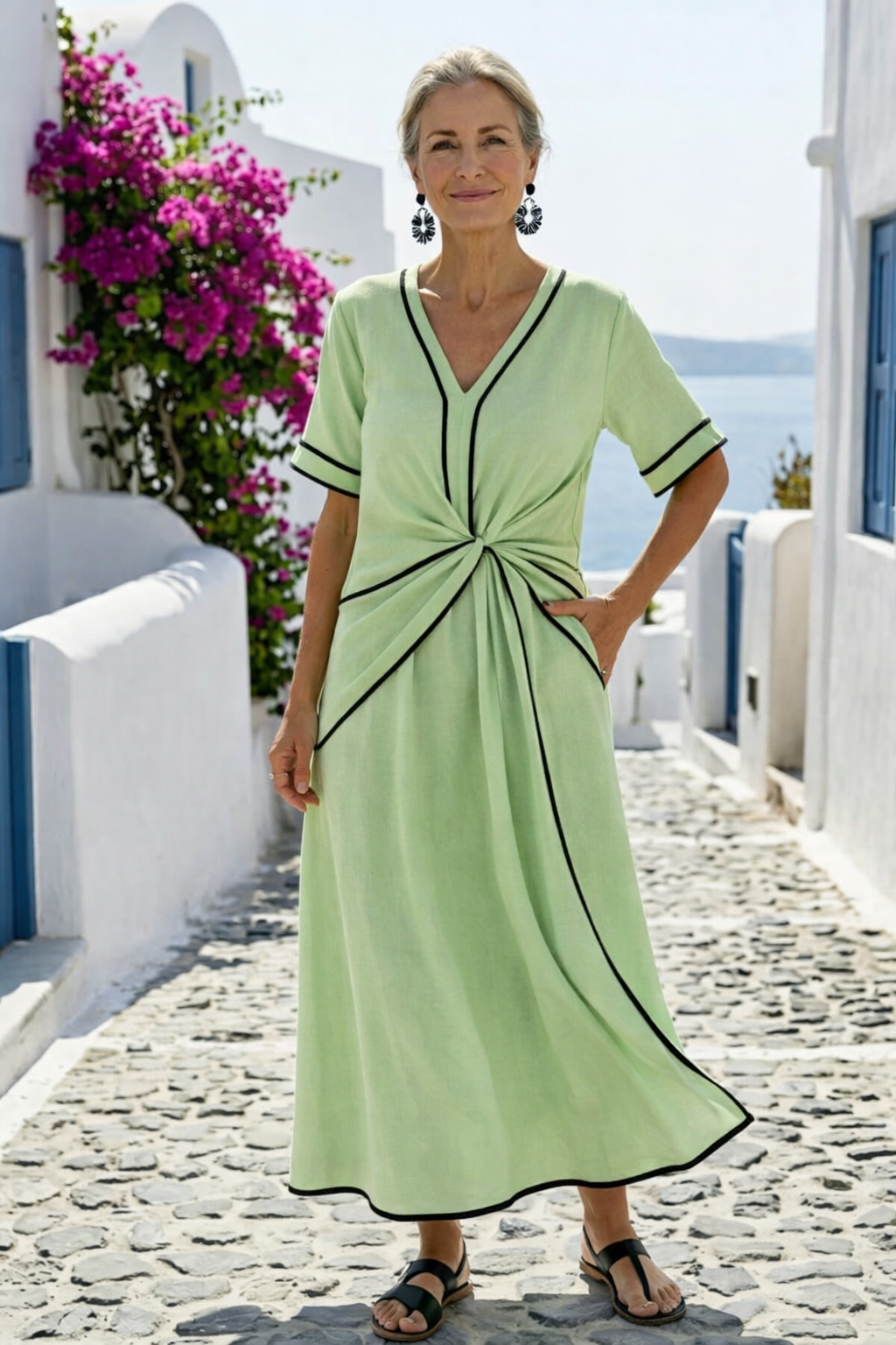 Linnea | V Neck Short Sleeve Gathered Waist Midi Dress