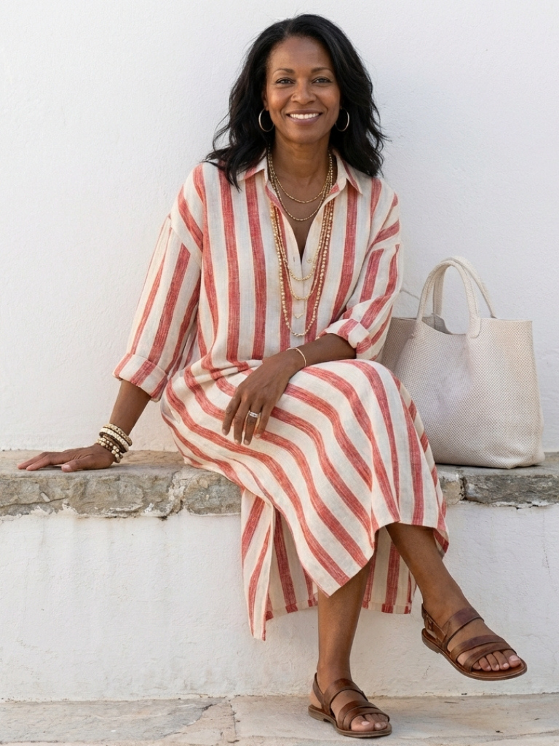 Naomi | Long Sleeve Striped Midi Shirt Dress