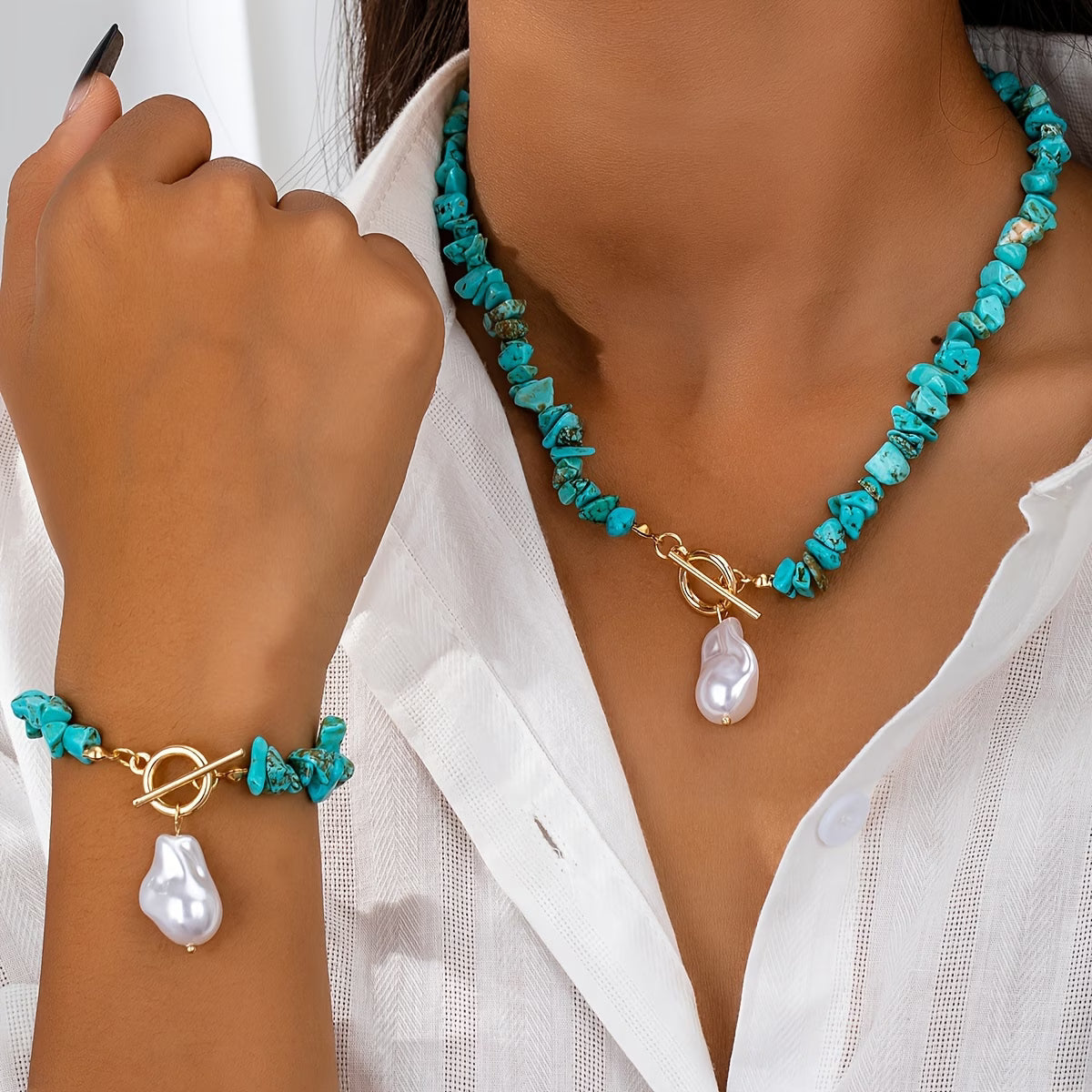 Turquoise & Pearl Necklace Bracelet Set