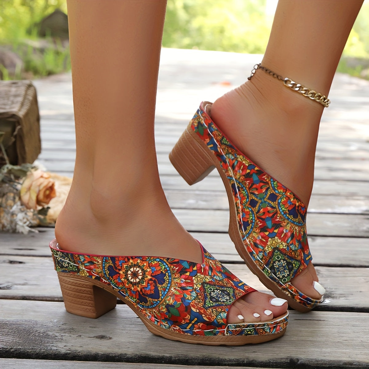 Sophia | Sandalias de tacón grueso con estampado floral