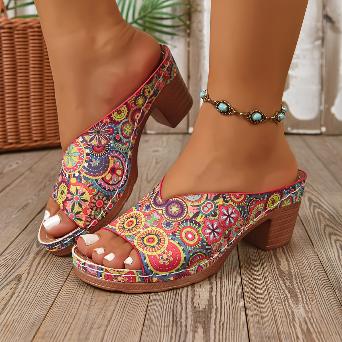 Sophia | Sandalias de tacón grueso con estampado floral
