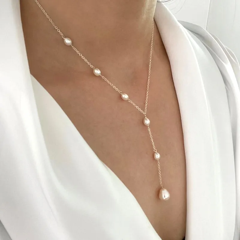 Cascading Pearl Lariat Necklace