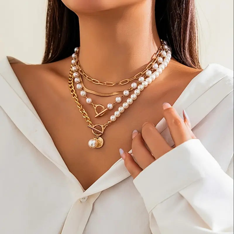 Modern Pearl Layered Necklace Set