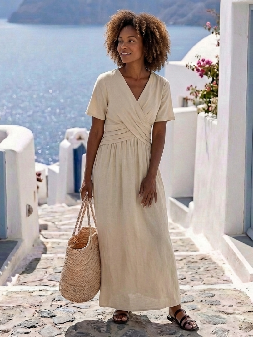 Alvara | V Neck Short Sleeve Wrap Waist Midi Dress